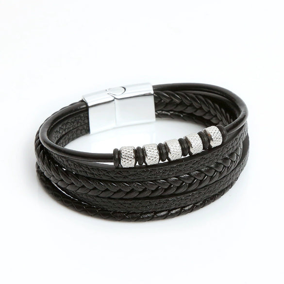 Wholesale Men's Stainless Steel Leather Punk Handmade Geometric Multi Layer Woven Bracelet Jewelry