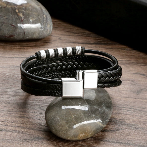 Wholesale Men's Stainless Steel Leather Punk Handmade Geometric Multi Layer Woven Bracelet Jewelry