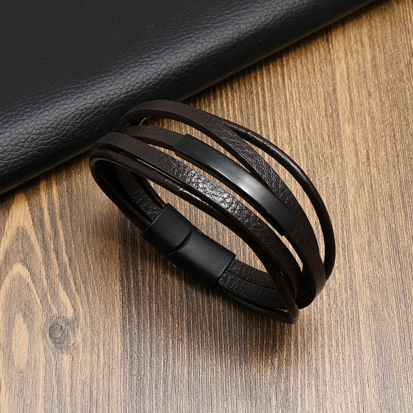 Wholesale Men's Stainless Steel Leather Rope Bracelet Retro Geometric Handmade