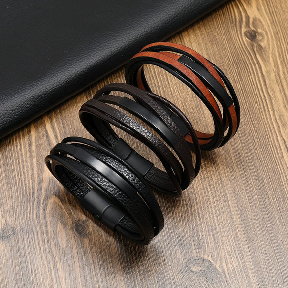 Wholesale Men's Stainless Steel Leather Rope Bracelet Retro Geometric Handmade