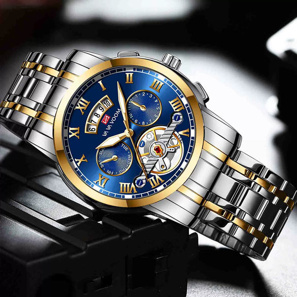 Wholesale Men's Stainless Steel Tourbillon Nonautomatic Mechanical Multifunction Leisure Round Dial Waterproof Watch