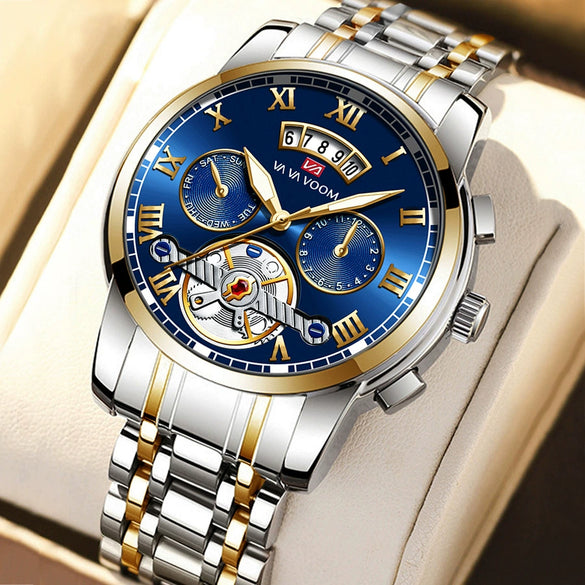 Wholesale Men's Stainless Steel Tourbillon Nonautomatic Mechanical Multifunction Leisure Round Dial Waterproof Watch