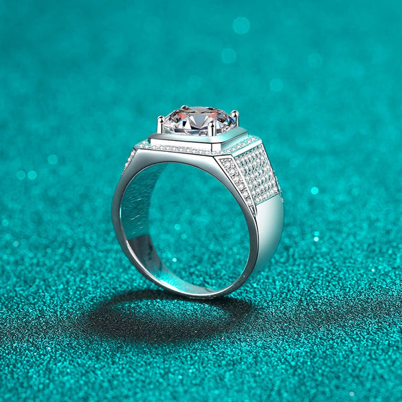 Wholesale Men's 925 Sterling Silver Ring With Moissanite Rhombus Pattern Plated Pt950 Gold