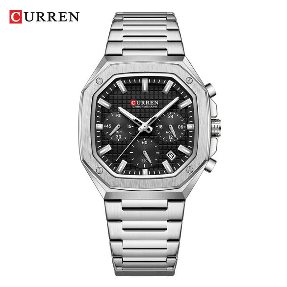 Wholesale Men's Waterproof Quartz Chronograph Wrist Watch With Calendar Square Dial Alloy Case Stainless Steel Strap And Buckle