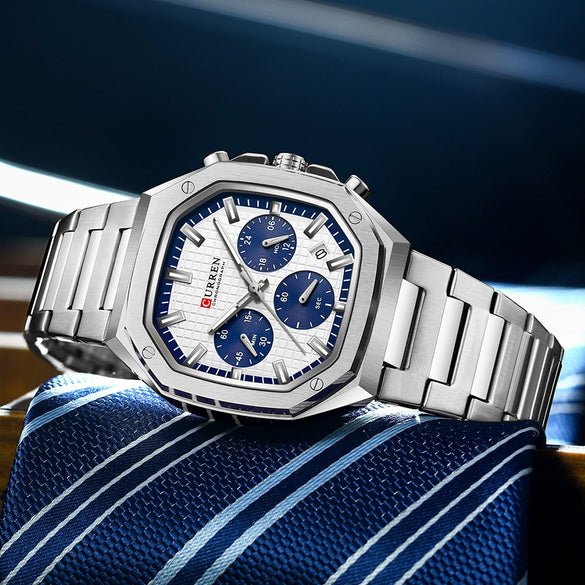 Wholesale Men's Waterproof Quartz Chronograph Wrist Watch With Calendar Square Dial Alloy Case Stainless Steel Strap And Buckle