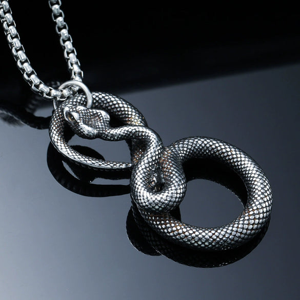 Wholesale Men's Zodiac Snake Pendant Necklace With Geometric Pattern Titanium Steel And Pearl Chain Dripping Oil Treatment