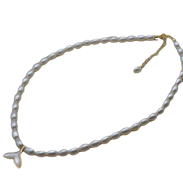 Wholesale Mermaid Tail Freshwater Pearl Necklace With Rice Shape And Copper Accessory