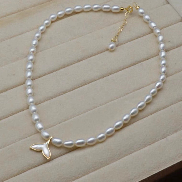 Wholesale Mermaid Tail Freshwater Pearl Necklace With Rice Shape And Copper Accessory