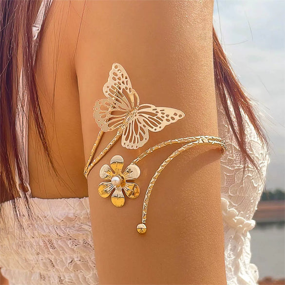 Wholesale Metal Alloy Flower Geometric Open Arm Bracelet Punk Style Niche For Women