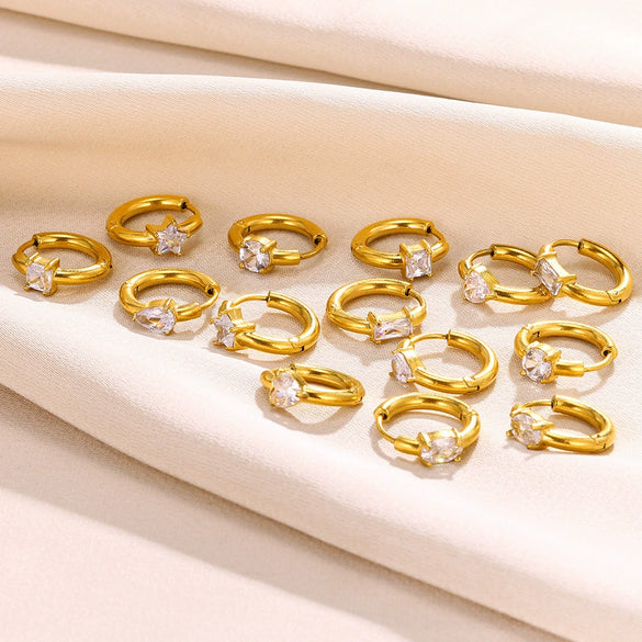 Wholesale Metal And Zircon Earrings Geometric Style Fivepointed Star Round Heartshaped Water Drop Electroplated For Women