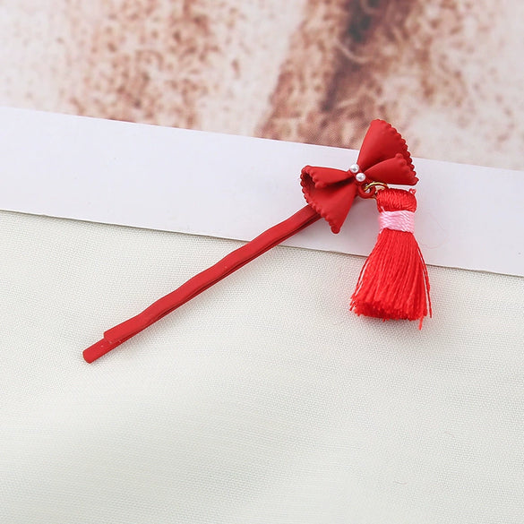 Wholesale Metal Baking Varnish Red Bow Tassel Hairpin For Girls Hair Accessories