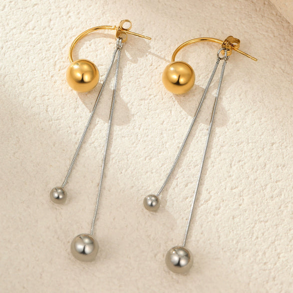 Wholesale Metal Ball Tassel Earrings Stainless Steel 18K Gold Electroplated Geometric Style Women's Ear Jewelry