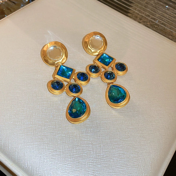Wholesale Metal Blue Irregular Earrings With Silver Needle Pleated And Geometric Design Electroplated For Women