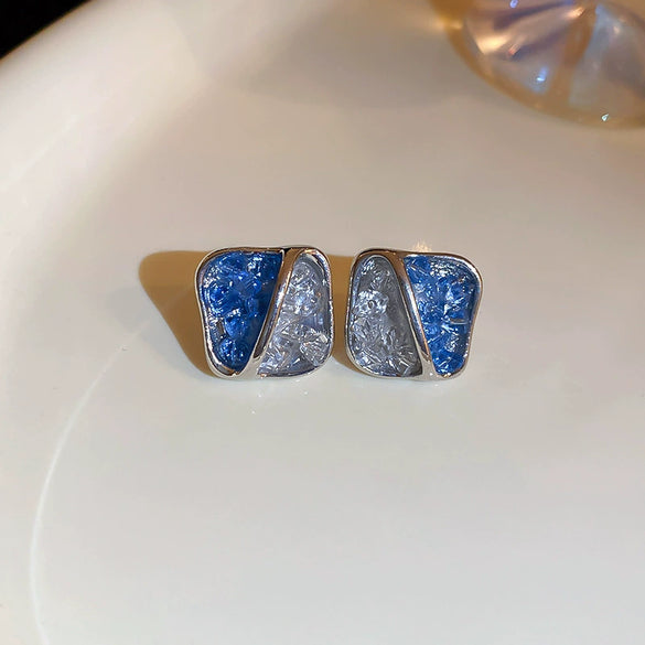 Wholesale Metal Blue Irregular Earrings With Silver Needle Pleated And Geometric Design Electroplated For Women