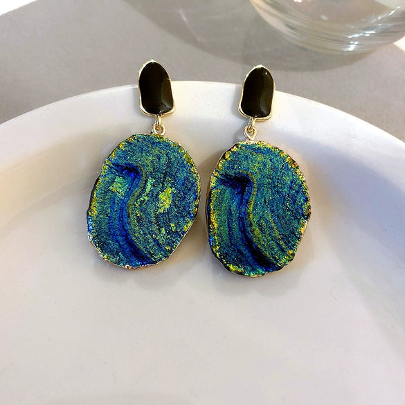 Wholesale Metal Blue Irregular Earrings With Silver Needle Pleated And Geometric Design Electroplated For Women