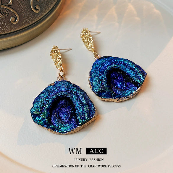 Wholesale Metal Blue Irregular Earrings With Silver Needle Pleated And Geometric Design Electroplated For Women