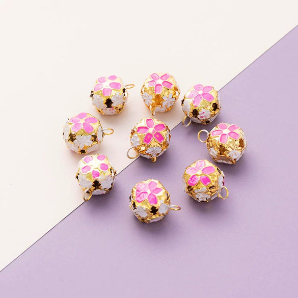 Wholesale Metal Bracelet With Color Hollow Flower Ball And Pet Bell Cloisonne And Electroplated Design