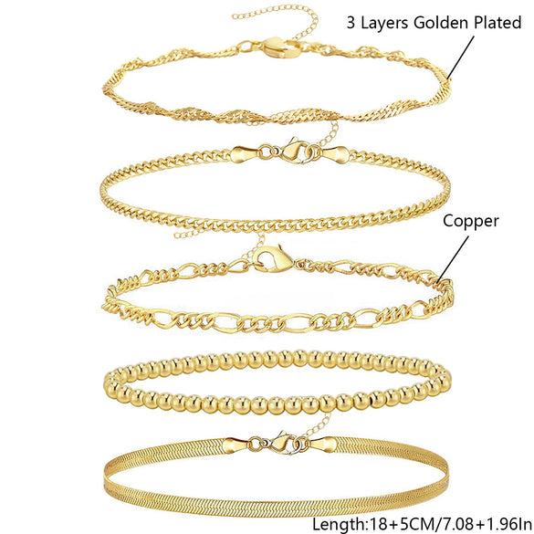 Wholesale Metal Chain Bracelet Copper Gold Plated Geometric Minimalist Unisex Ladies Jewelry Fivepiece Set