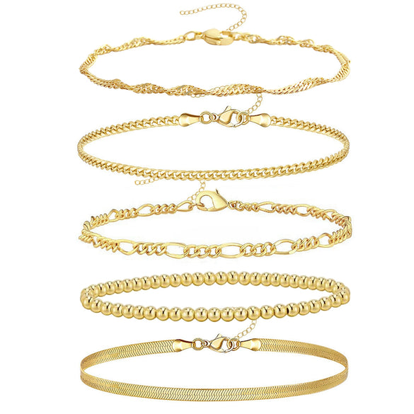 Wholesale Metal Chain Bracelet Copper Gold Plated Geometric Minimalist Unisex Ladies Jewelry Fivepiece Set