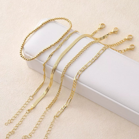 Wholesale Metal Chain Bracelet Copper Gold Plated Geometric Minimalist Unisex Ladies Jewelry Fivepiece Set