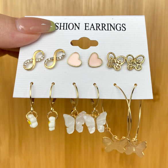 Wholesale Metal Circle Chain Retro Card Earrings Set With Pearl Butterfly Oil Drop Crystal And Alloy Acrylic Material Geometric And Personality Style