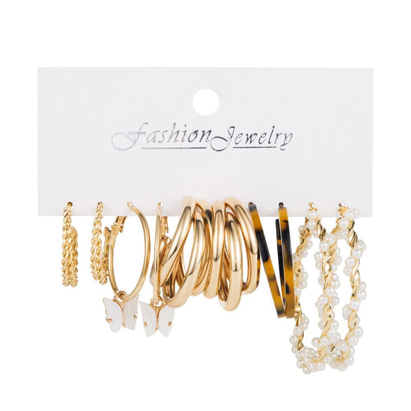 Wholesale Metal Circle Chain Retro Card Earrings Set With Pearl Butterfly Oil Drop Crystal And Alloy Acrylic Material Geometric And Personality Style