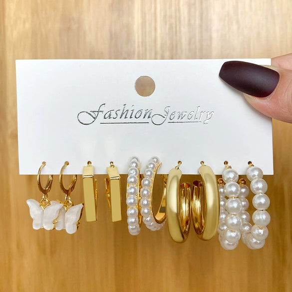 Wholesale Metal Circle Chain Retro Card Earrings Set With Pearl Butterfly Oil Drop Crystal And Alloy Acrylic Material Geometric And Personality Style