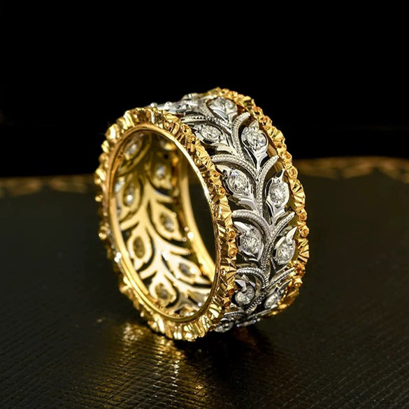 Wholesale Metal Copper Ring With Wheat Ear Leaf Pattern Inlaid With Zircon Elegant Style For Women