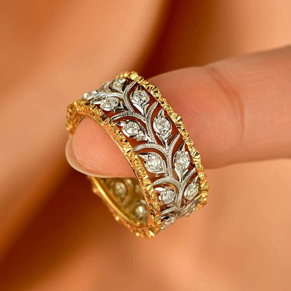 Wholesale Metal Copper Ring With Wheat Ear Leaf Pattern Inlaid With Zircon Elegant Style For Women
