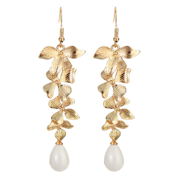 Wholesale Metal Drop Shape Plant Flowers Style Electroplated Orchid Pearl Pendant Earrings For Women