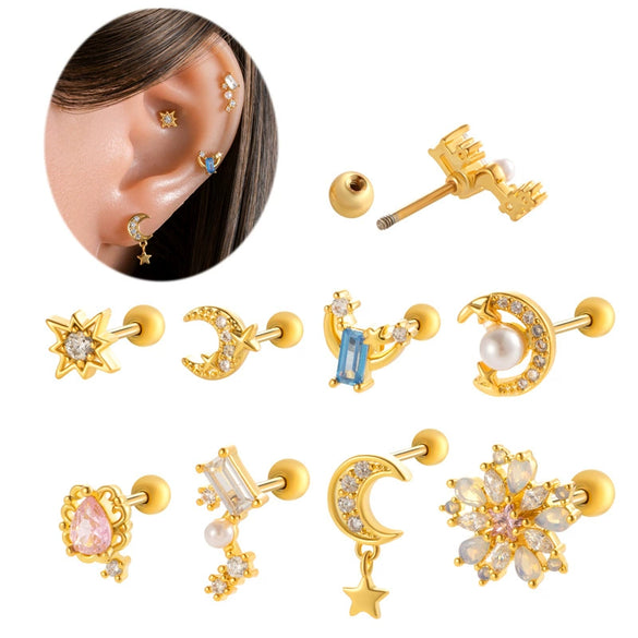 Wholesale Metal Electroplated Flower Star Moon Style Ear Bone Nail Cartilage Puncture Earrings For Women