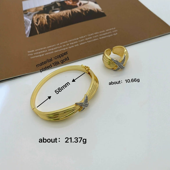 Wholesale Metal Fashion Retro Wide Face Ring Bracelet With Cross Line And Electroplating Treatment
