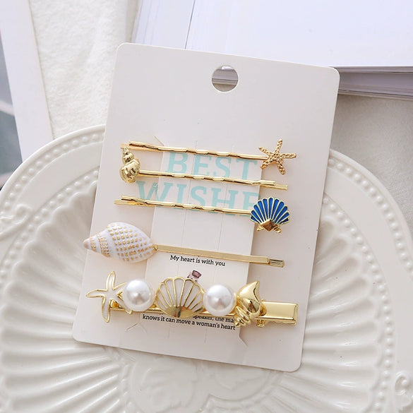 Wholesale Metal Female Hairpin Duckbill Clip Side Clip With Conch Starfish Shell Design Electroplated Hair Accessories