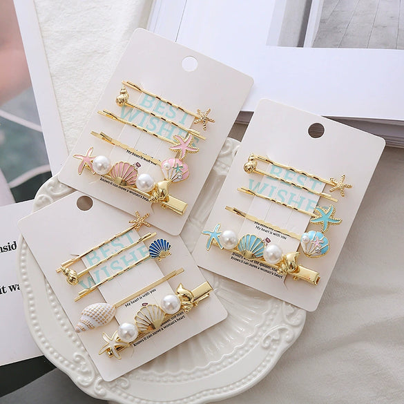 Wholesale Metal Female Hairpin Duckbill Clip Side Clip With Conch Starfish Shell Design Electroplated Hair Accessories