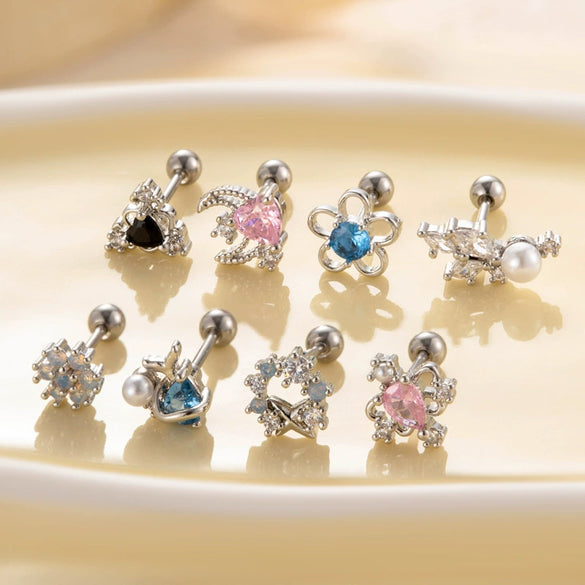 Wholesale Metal Flower Pattern Electroplated Titanium Steel Thin Rod Double Head Screw Women's Niche Cartilage Earrings