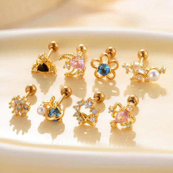 Wholesale Metal Flower Pattern Electroplated Titanium Steel Thin Rod Double Head Screw Women's Niche Cartilage Earrings