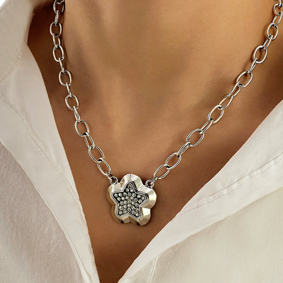 Wholesale Metal Geometric Flower Retro Necklace Pendant With Cross Chain For Women Electroplated