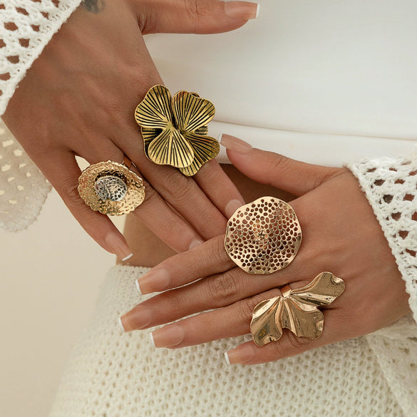 Wholesale Metal Geometric Leaf Retro Style Ring With Electroplating