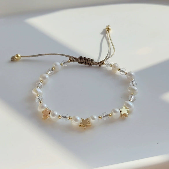 Wholesale Metal Gold Plated Handwoven Geometric Natural Pearl Women's Bracelet