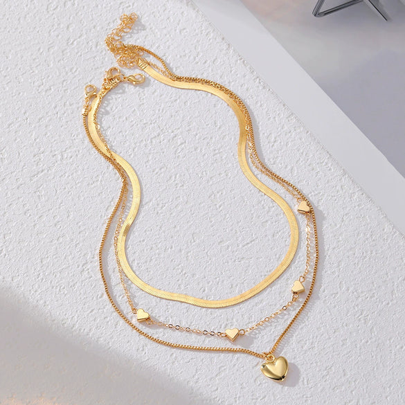 Wholesale Metal Heartshaped Snake Bone Chain Retro Geometric Threedimensional Love Multilayered Necklace For Women With Electroplating