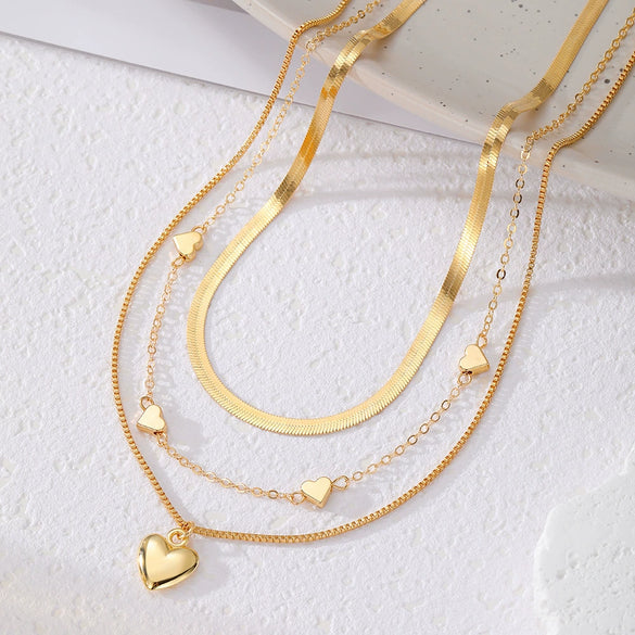Wholesale Metal Heartshaped Snake Bone Chain Retro Geometric Threedimensional Love Multilayered Necklace For Women With Electroplating
