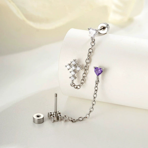 Wholesale Metal Heartshaped Zircon Microinlaid Cross Double Ear Hole Cartilage Piercing Ear Bone Nail For Unisex