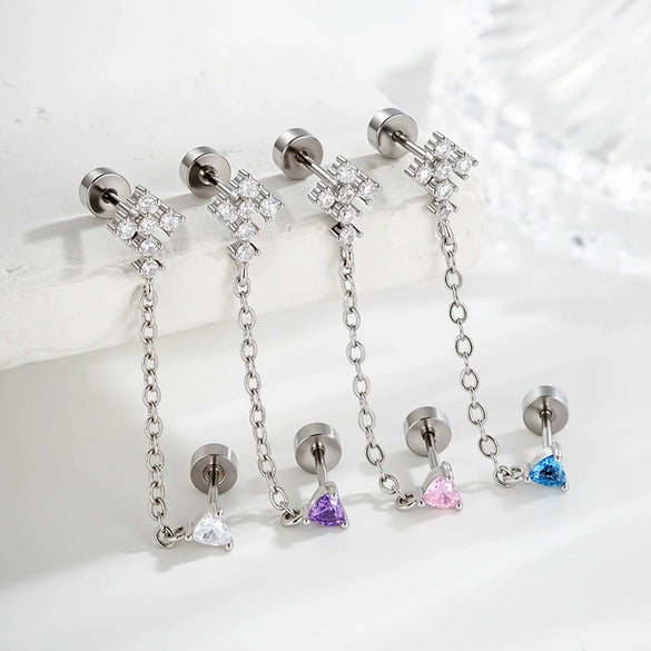 Wholesale Metal Heartshaped Zircon Microinlaid Cross Double Ear Hole Cartilage Piercing Ear Bone Nail For Unisex