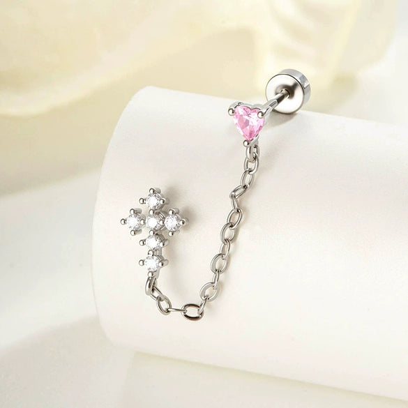 Wholesale Metal Heartshaped Zircon Microinlaid Cross Double Ear Hole Cartilage Piercing Ear Bone Nail For Unisex