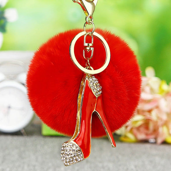 Wholesale Metal Highheeled Shoes Plush Rhinestone Cartoon Key Chain For Female