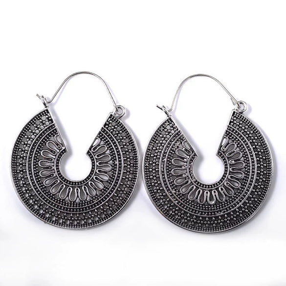 Wholesale Metal Hollow Flower Earrings With Geometric Pattern Retro Bohemian Style Electroplated