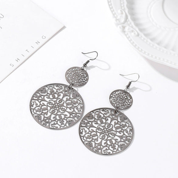 Wholesale Metal Hollow Flower Earrings With Geometric Pattern Retro Bohemian Style Electroplated