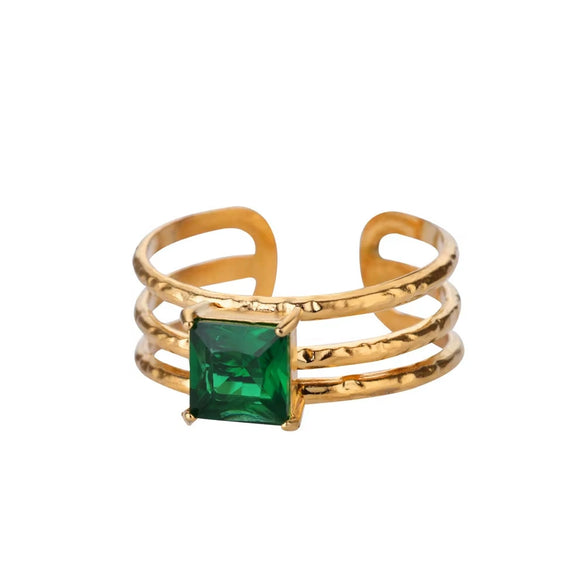 Wholesale Metal Imitation Emerald Inlaid Zircon Geometric Ring For Women Retro Fashion Style Copper Material Electroplating Treatment