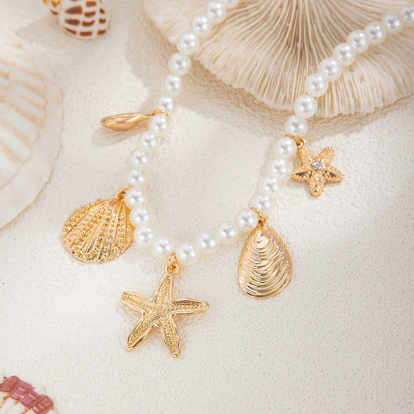 Wholesale Metal Imitation Pearl Star Geometric Clavicle Necklace With Electroplating For Women