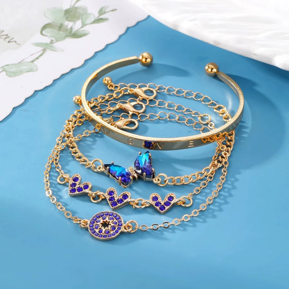 Wholesale Metal Imitation Sapphire Diamond Love Butterfly Bracelet Set With Insect Letters Numbers Text Pattern Electroplated